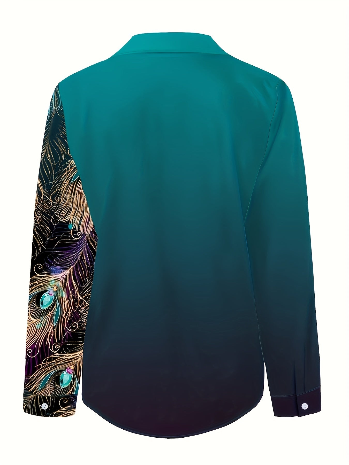 Women's Peacock Print Button-Front Blouse - Turquoise with Gold Buttons, Lapel Collar, All-Season Office & Party Top