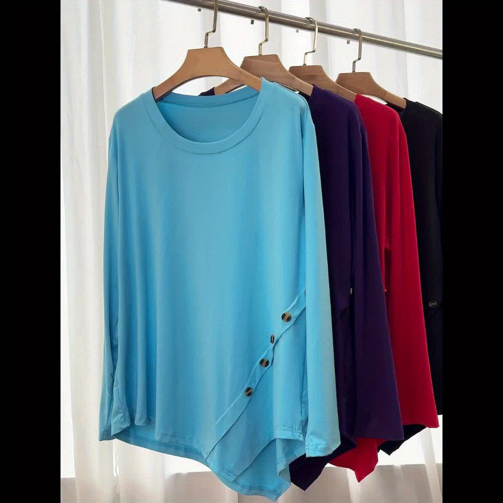 Plus Size Women's Loose Fit Long Sleeve Top with Button Detail, Round Neck & Asymmetrical Hem