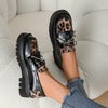 Leopard Print Slip-On Penny Loafers for Women, Tassel Bow, Glossy Synthetic Upper, Cushioned PU Sole, Lightweight All-Season