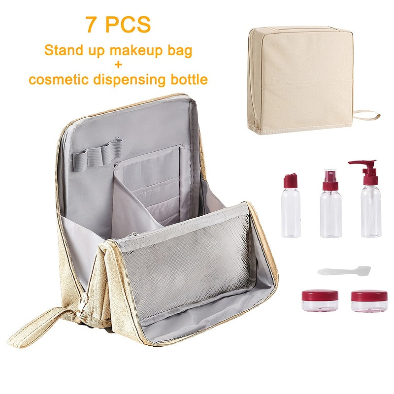 7-Piece Upright Makeup Bag Set – Large Capacity Travel Cosmetic Organizer, Black & White with Purple Accents, Includes 6 Containers