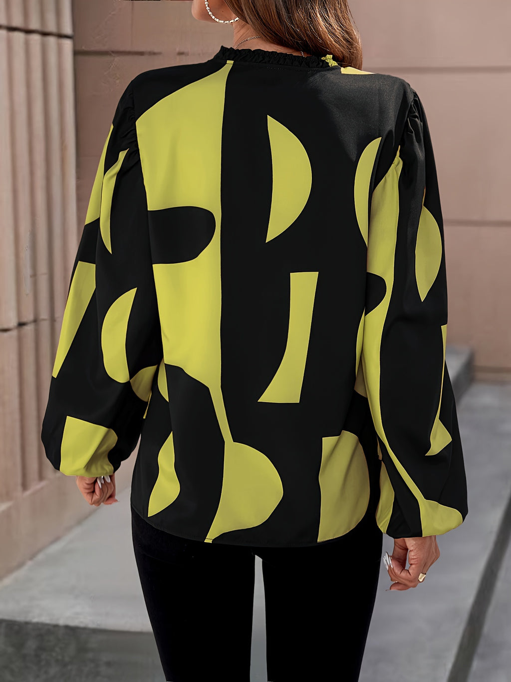 Elegant Black & Red Color Block Puff Sleeve Blouse for Women - Opaque Machine-Washable Spring/Fall Top