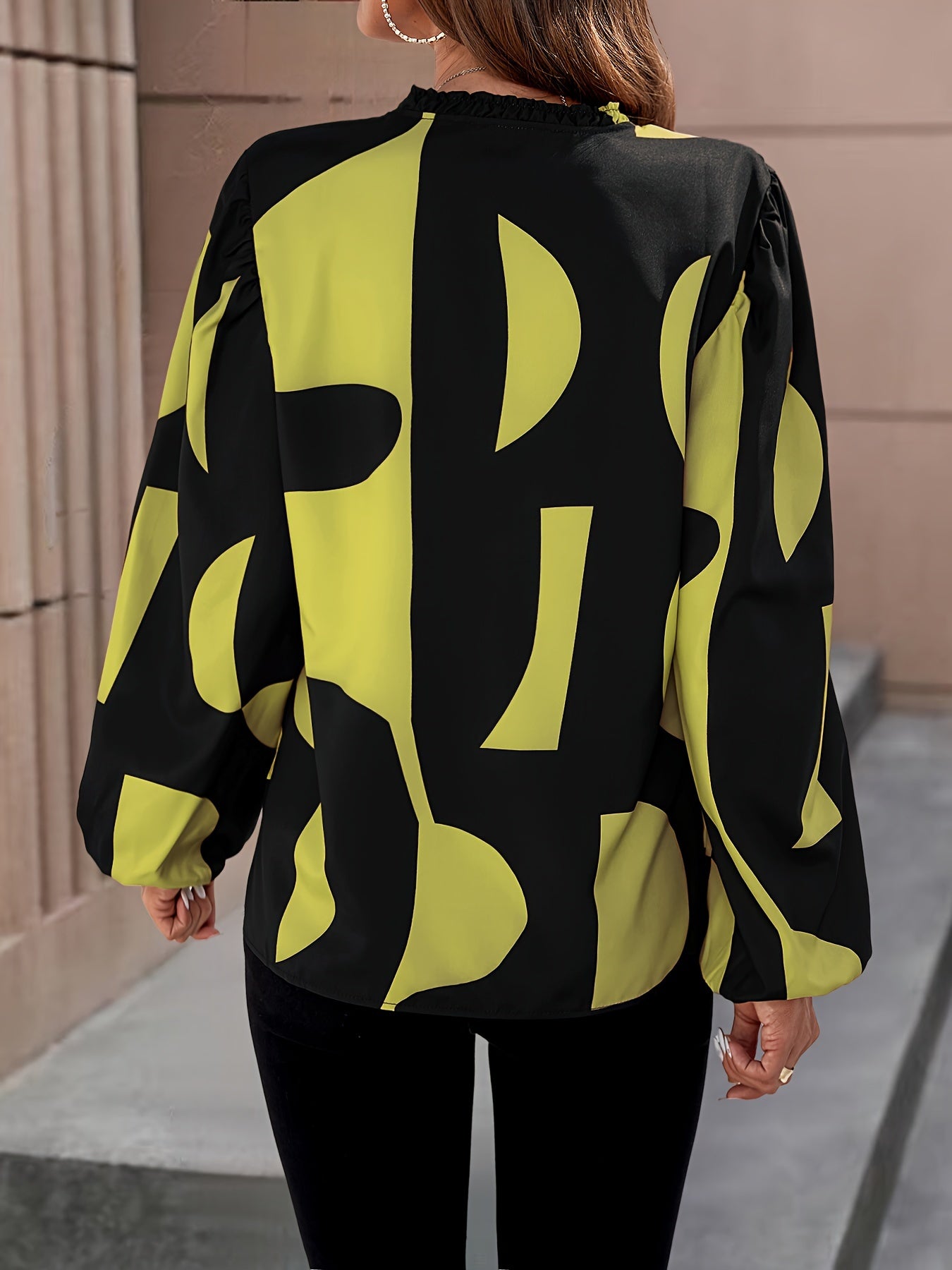 Elegant Black & Red Color Block Puff Sleeve Blouse for Women - Opaque Machine-Washable Spring/Fall Top