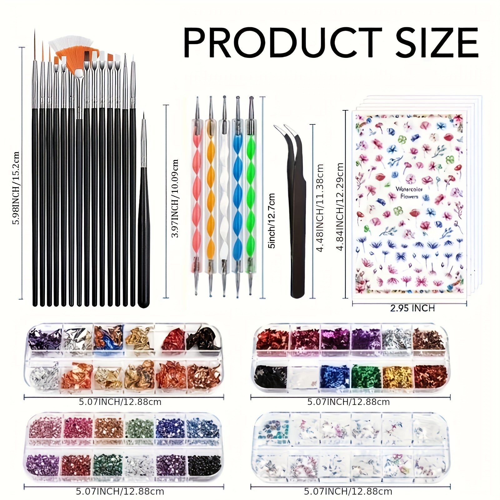 15-Piece Nail Art Brush Set with 5 Dotting Pens, Rhinestones, Sequins, Foils & Tweezers – Nail Design Kit