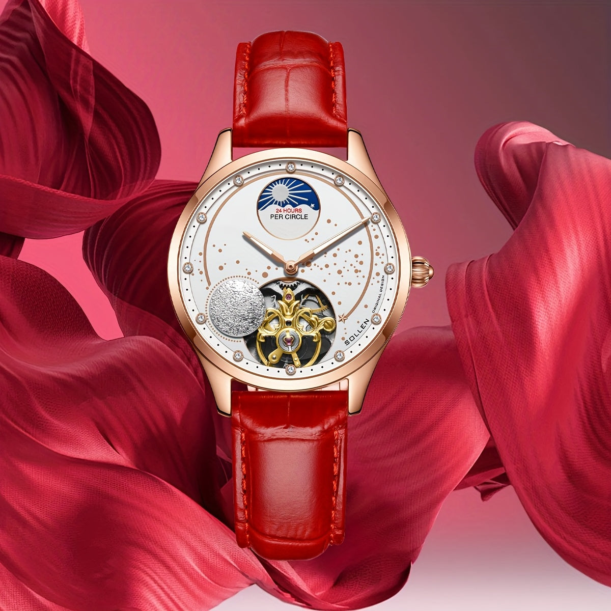 Women's Mechanical Skeleton Watch with Luminous Hands, Rose Gold Case & Red Leather Strap, White Dial Luxury Gift