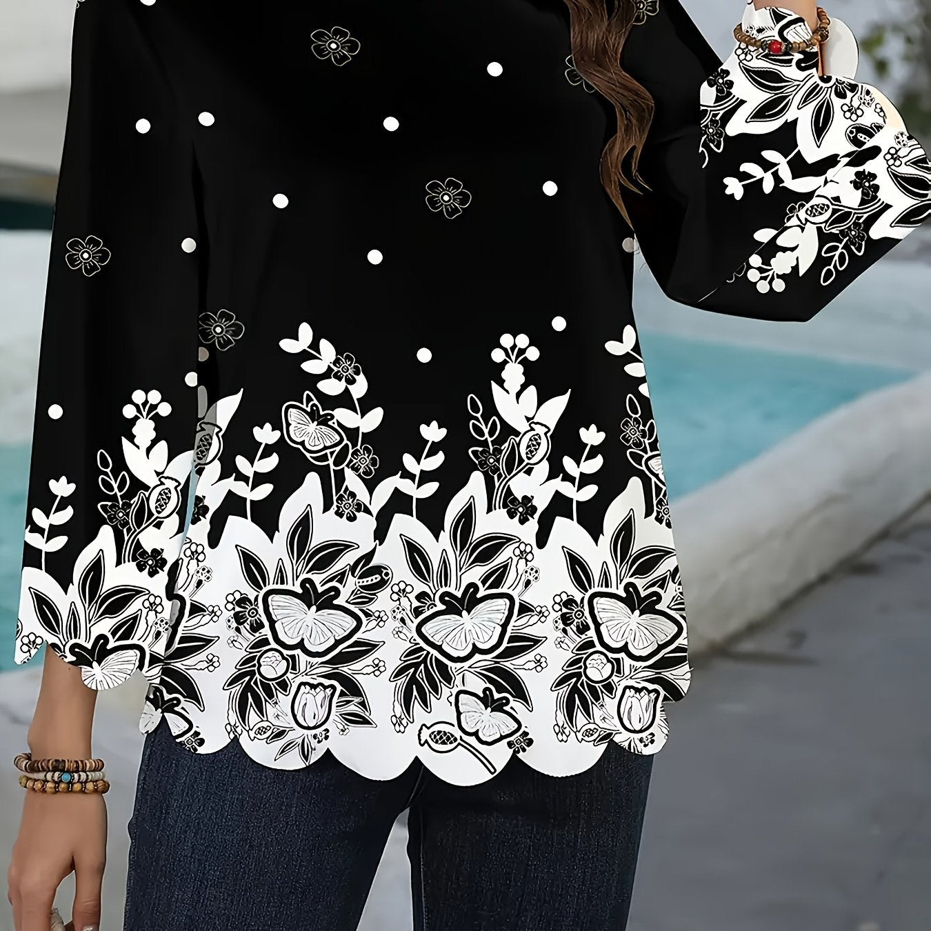 Elegant Floral Women's Short Sleeve Blouse - Black & White Dot Tunic with Collar, Machine Washable, Casual to Dressy