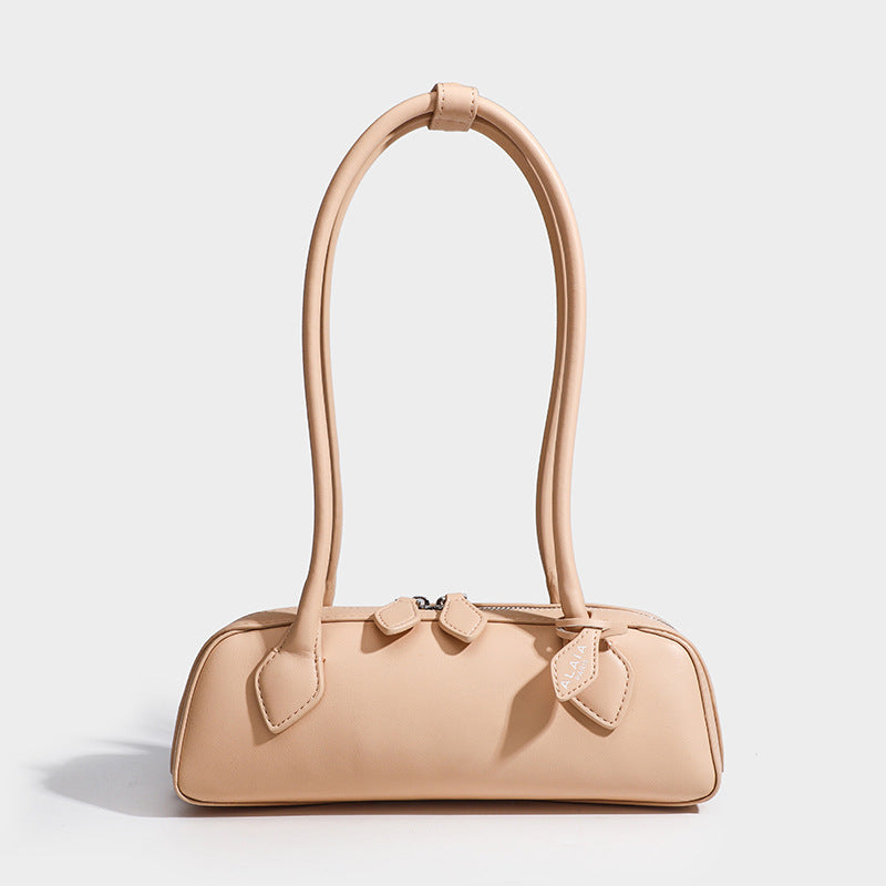 Women's Split Leather Retro Baguette Sausage Bag - Two-Tone Underarm Handbag with Gold-Tone Hardware