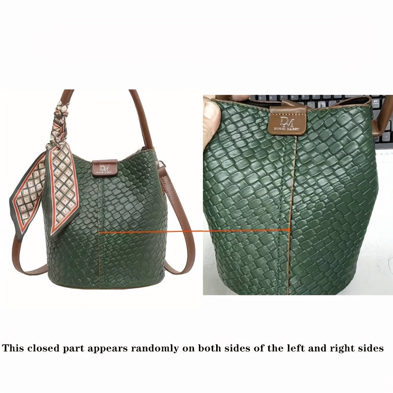 Women's Woven Bucket Handbag & Crossbody Bag - Detachable Strap, Gold-Tone Hardware, PU Leather Tote (Black, Beige, Green, Dark Brown)