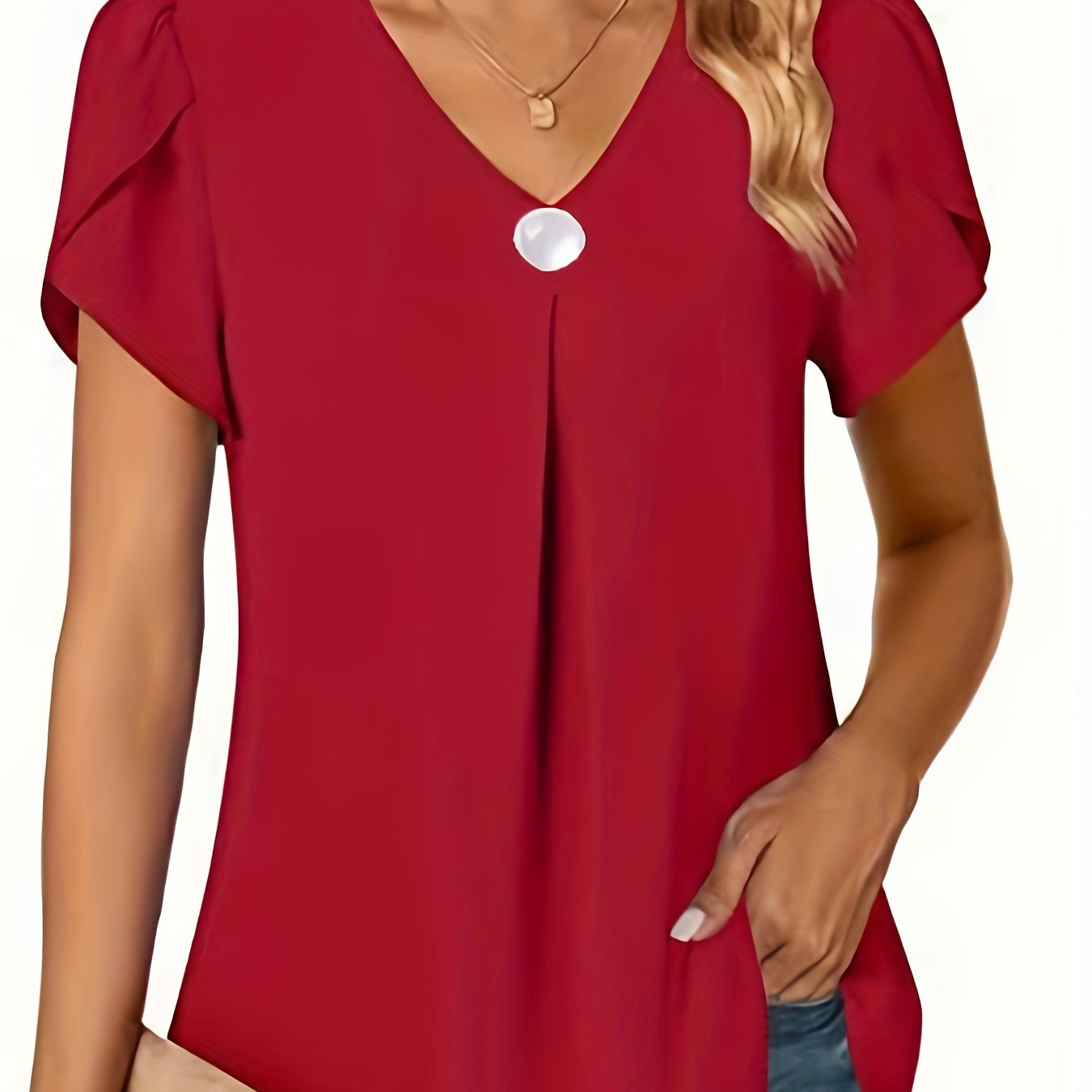 Women's Black Chiffon V-Neck Peplum Blouse with Ruffle Short Sleeves — Lightweight Polyester Summer Top