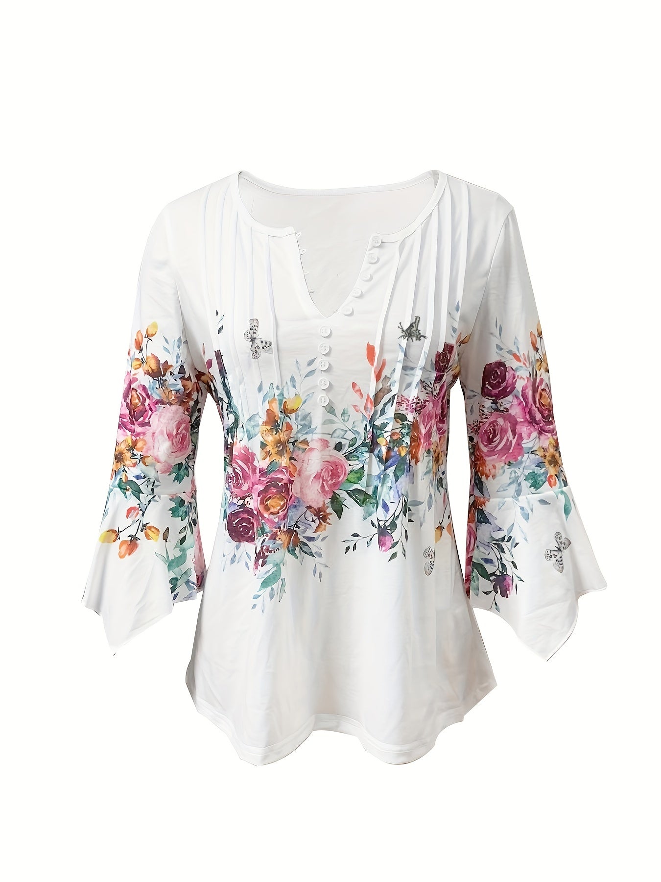 Women's Floral Notched Neck Button-Front Blouse - Vintage Casual Spring Summer Top
