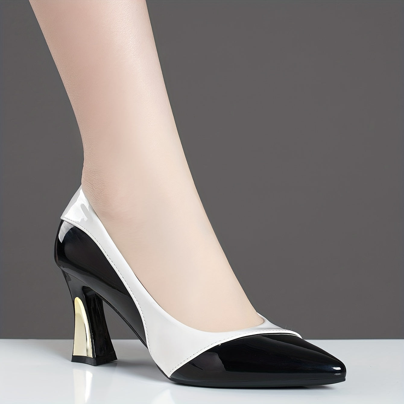 Colorblock Pointed-Toe Chunky Block Heel Pumps – Faux Leather Slip-On Dress Shoes for Women