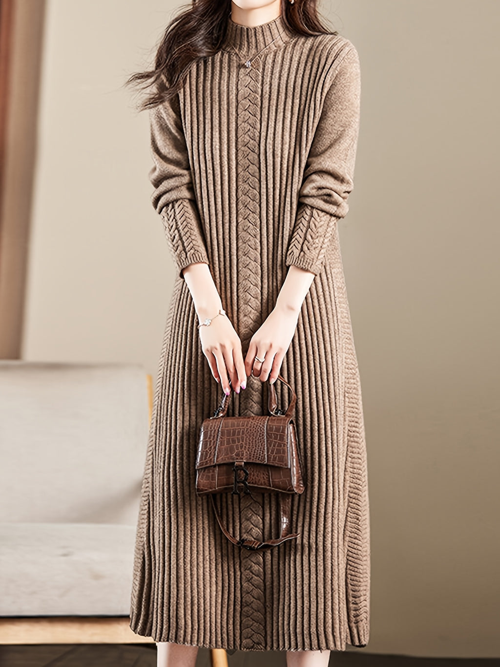 Women's High Neck Long Sleeve Knit Midi Dress - Soft Acrylic Blend, Regular Fit