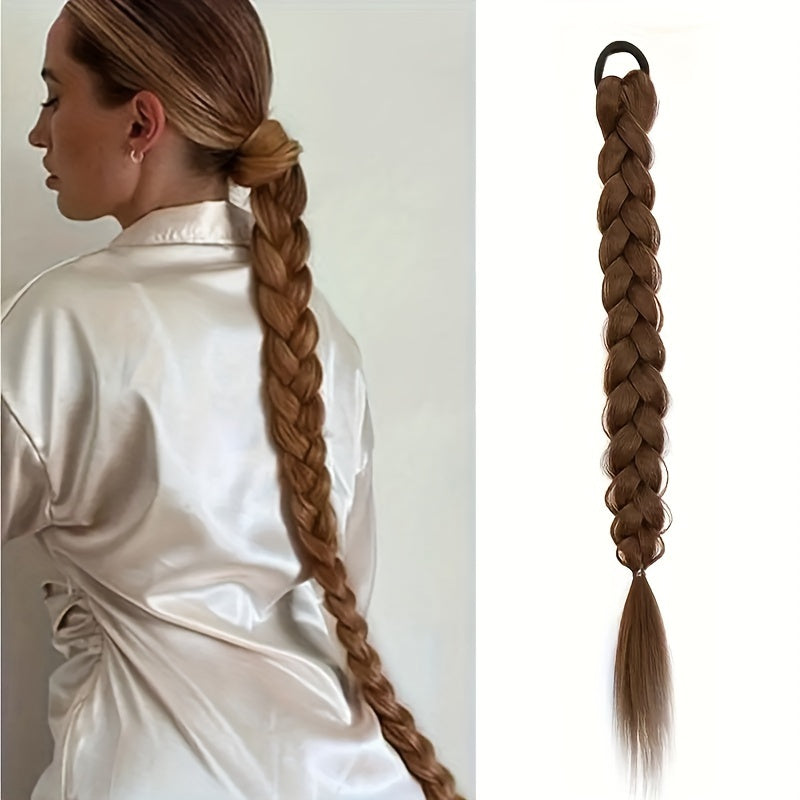 Box Braided Long Ponytail Extension for Women – Synthetic High-Temp Fiber with Elastic Hair Tie