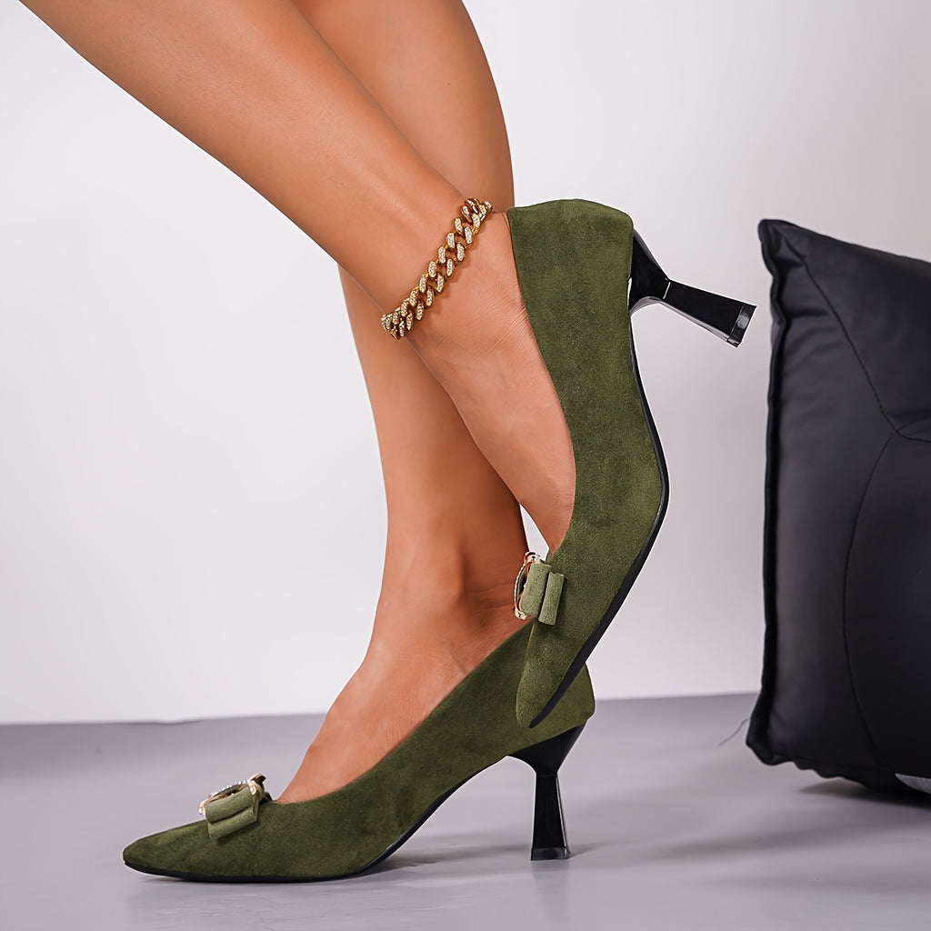 Women's Green Pointed-Toe D'Orsay High Heels with Bow - 2.95 in (7.5 cm) Flared Heel, PU Lining & Rubber Sole, Party & Evening Shoes