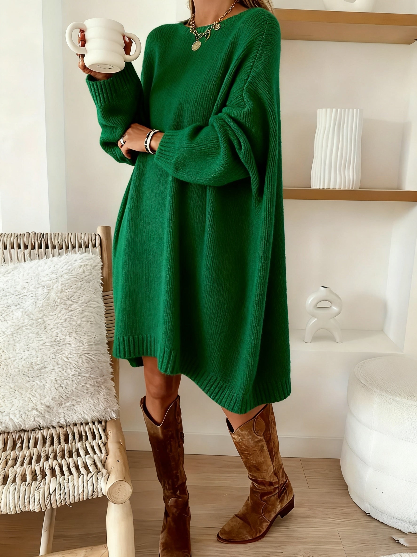 Plus Size Oversized Sweater Dress - Soft Beige Long Knit Pullover Coat, Crew Neck, Relaxed Fit, Machine Washable