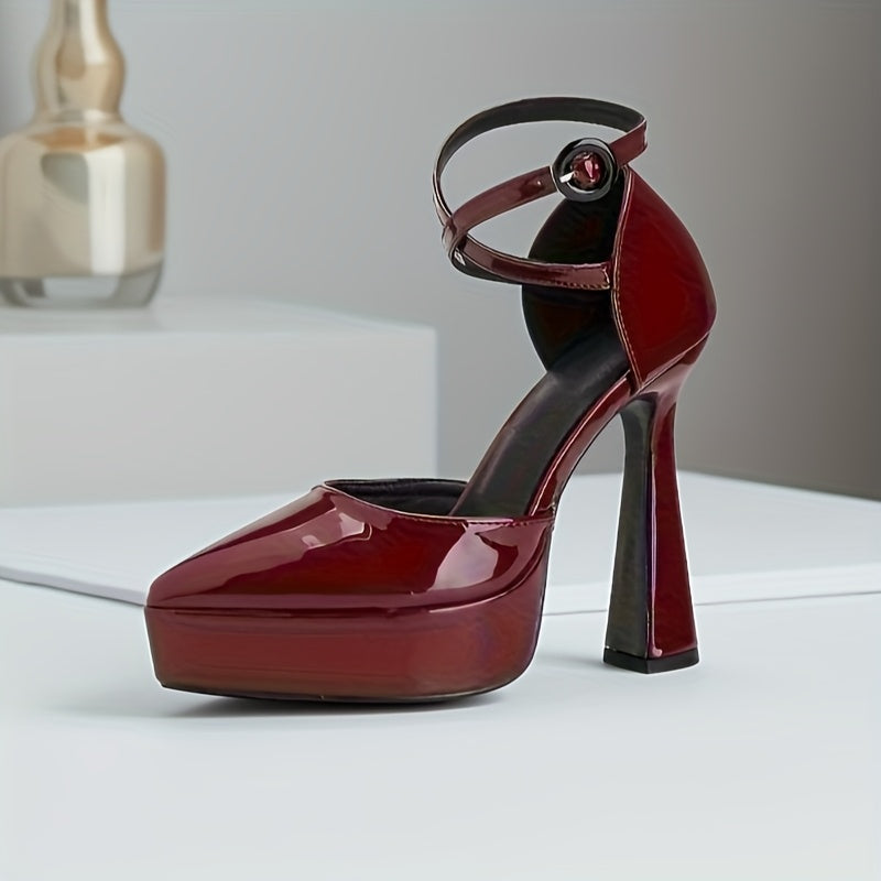 Women's Burgundy Platform High Heels - Open Toe Ankle Strap Block Heel Mary Jane for Party & Formal