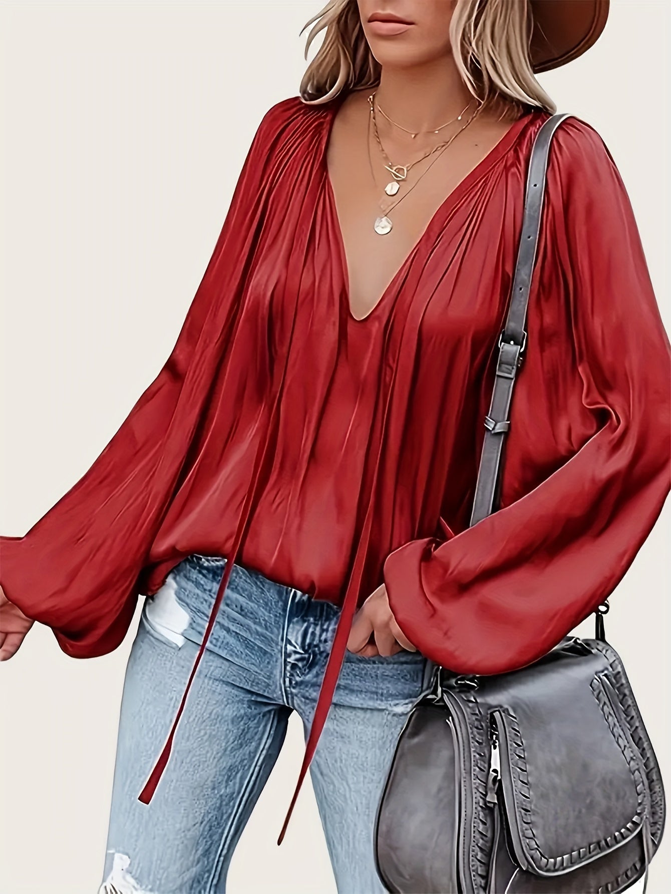 Green French Satin Tie-Front Blouse V-Neck Long Sleeve Ruched Top for Women