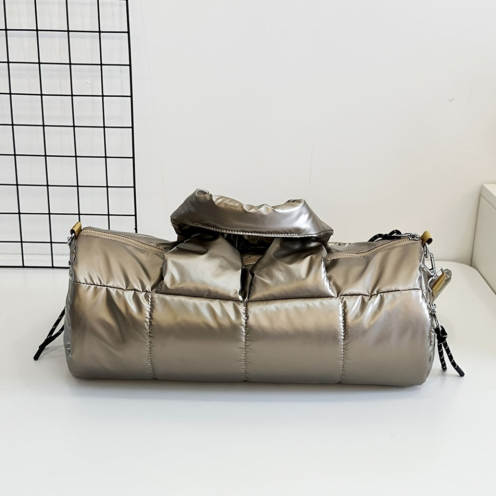 Quilted Puff Bucket Shoulder Bag Large Capacity PU Handbag with Detachable Strap Gold-Tone Hardware Zipper Closure Champagne Black Silver Blue