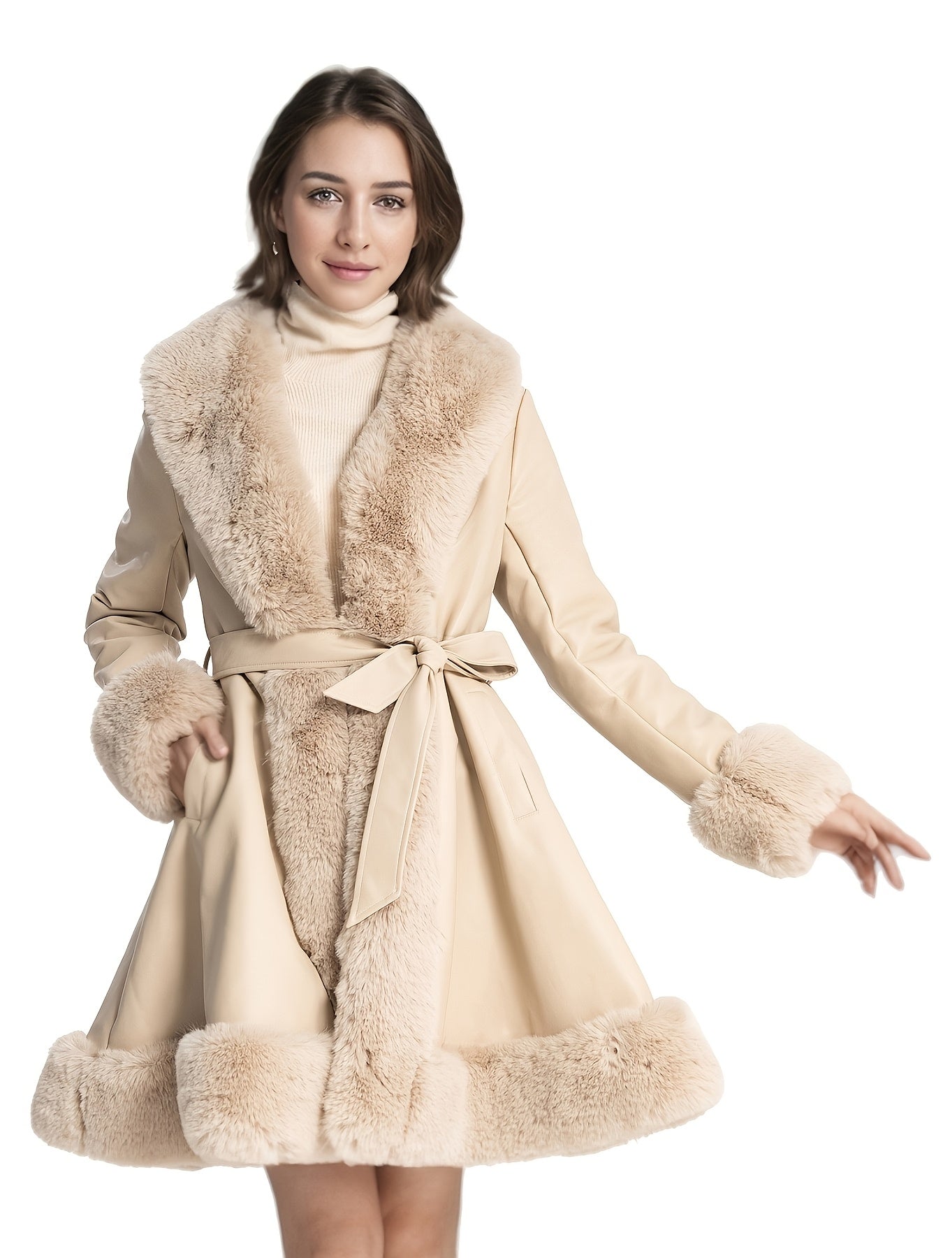 Women's Midi Faux Fur-Lined Faux Leather Belted Coat, Elegant Winter Long Sleeve Jacket