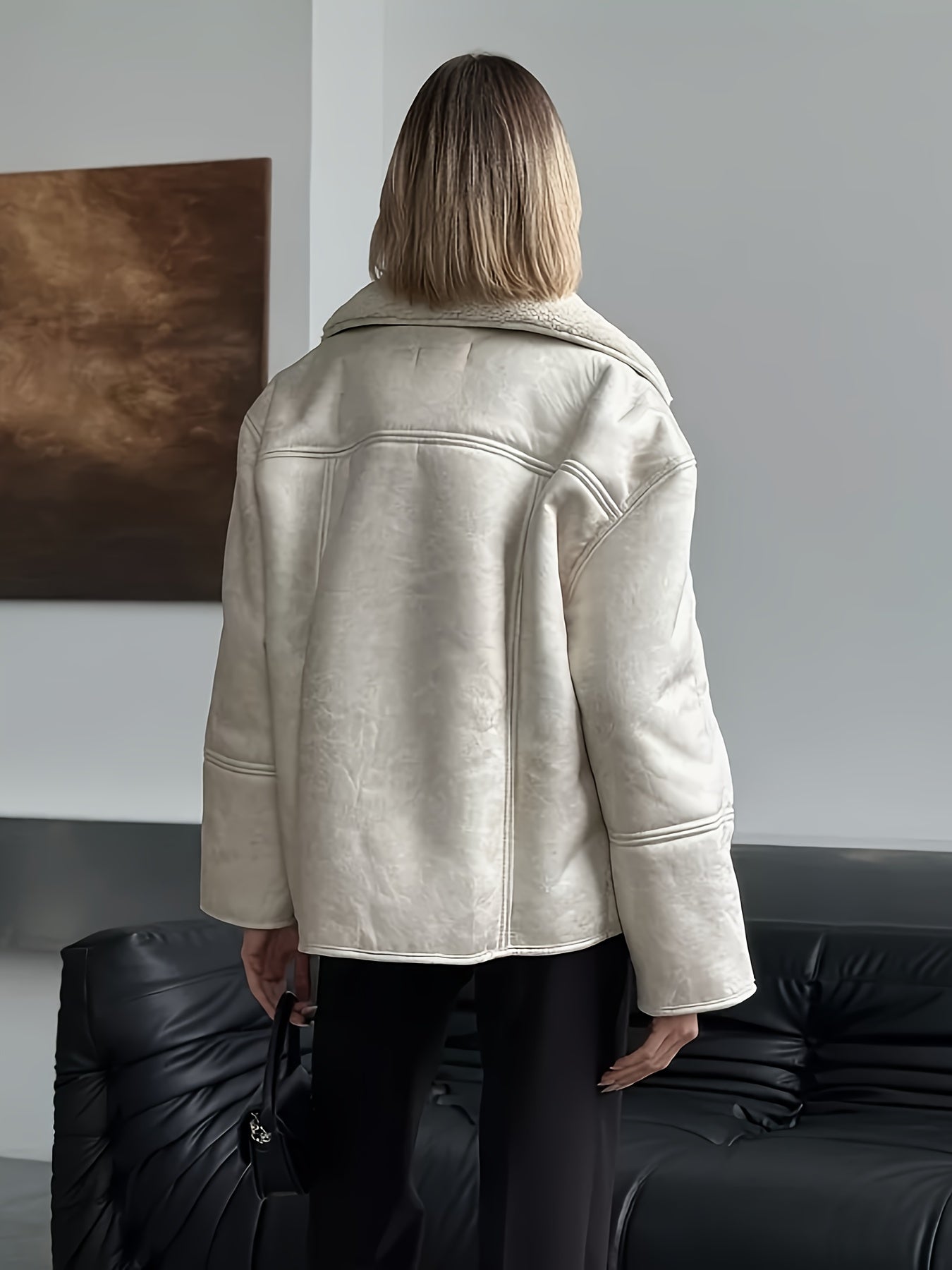 Women’s Cream Faux Fur-Lined PU Leather Jacket — Thick Winter Coat with Turtleneck, Asymmetrical Hem & Side Pockets