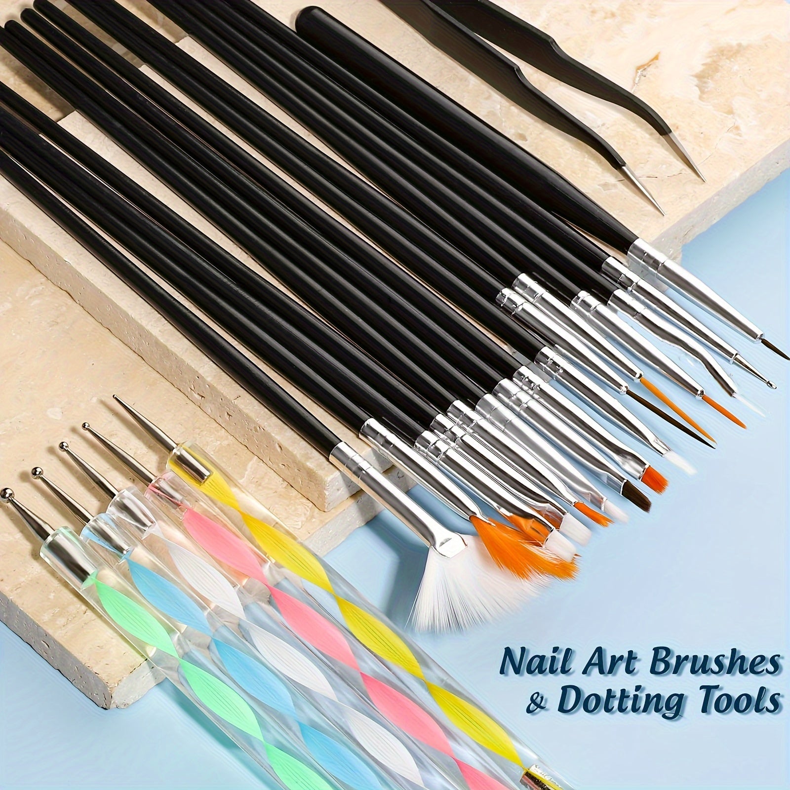 15-Piece Nail Art Brush Set with 5 Dotting Pens, Rhinestones, Sequins, Foils & Tweezers – Nail Design Kit