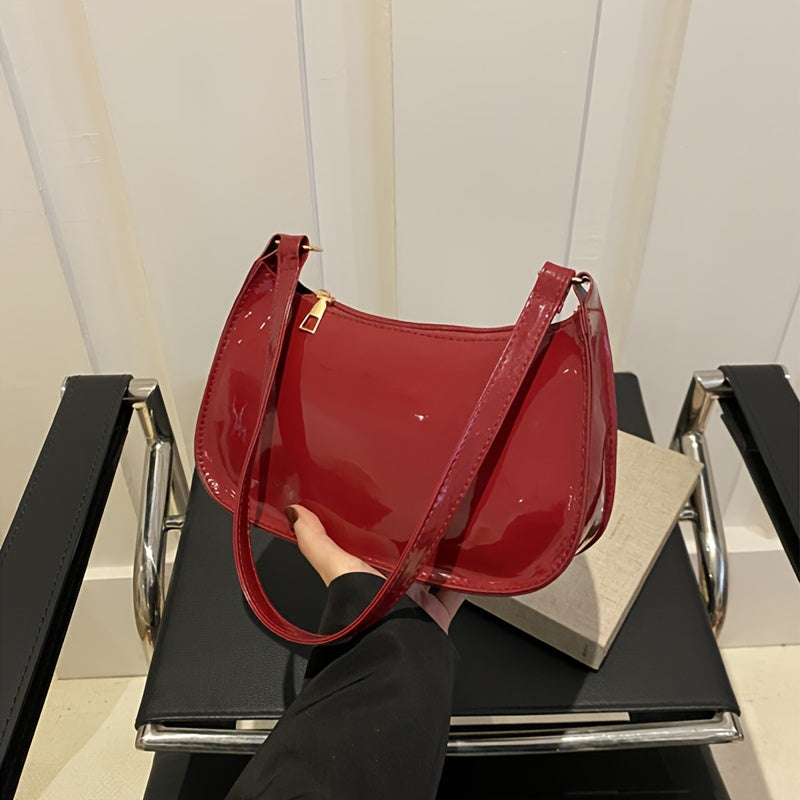 Patent Faux Leather Baguette Bag – Retro Underarm Shoulder Handbag for Women