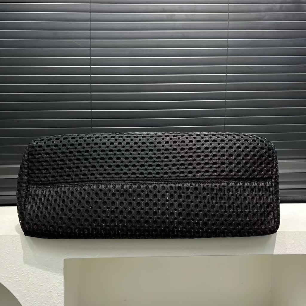 Retro Street Style Women's Mesh Splicing Bucket Bag – Large Capacity Detachable Nylon & Polyester Shoulder Bag with Rivet Strap, Black