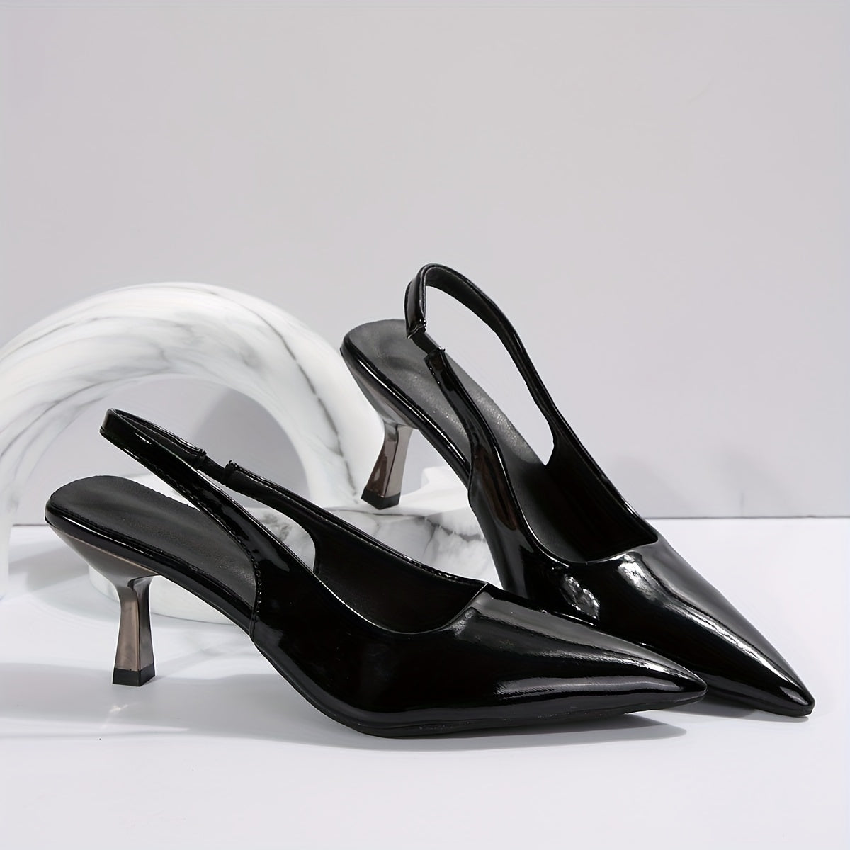 Elegant Black Pointed Toe Mid-Heel Pumps for Women - Lightweight Faux Slip-On Stiletto Heels with Rubber Non-Slip Sole, All-Season