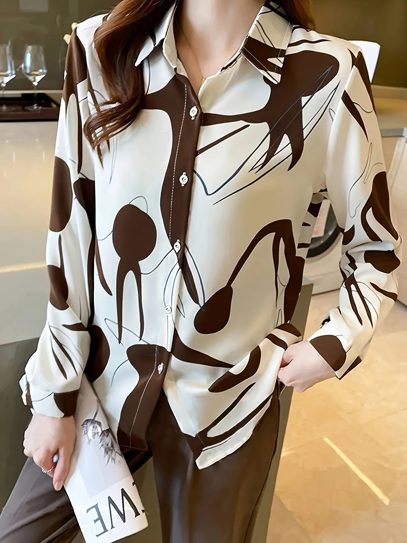 Women's Abstract Geometric Print Long Sleeve Shirt - Elegant Brown White Beige Woven Top, Machine Washable