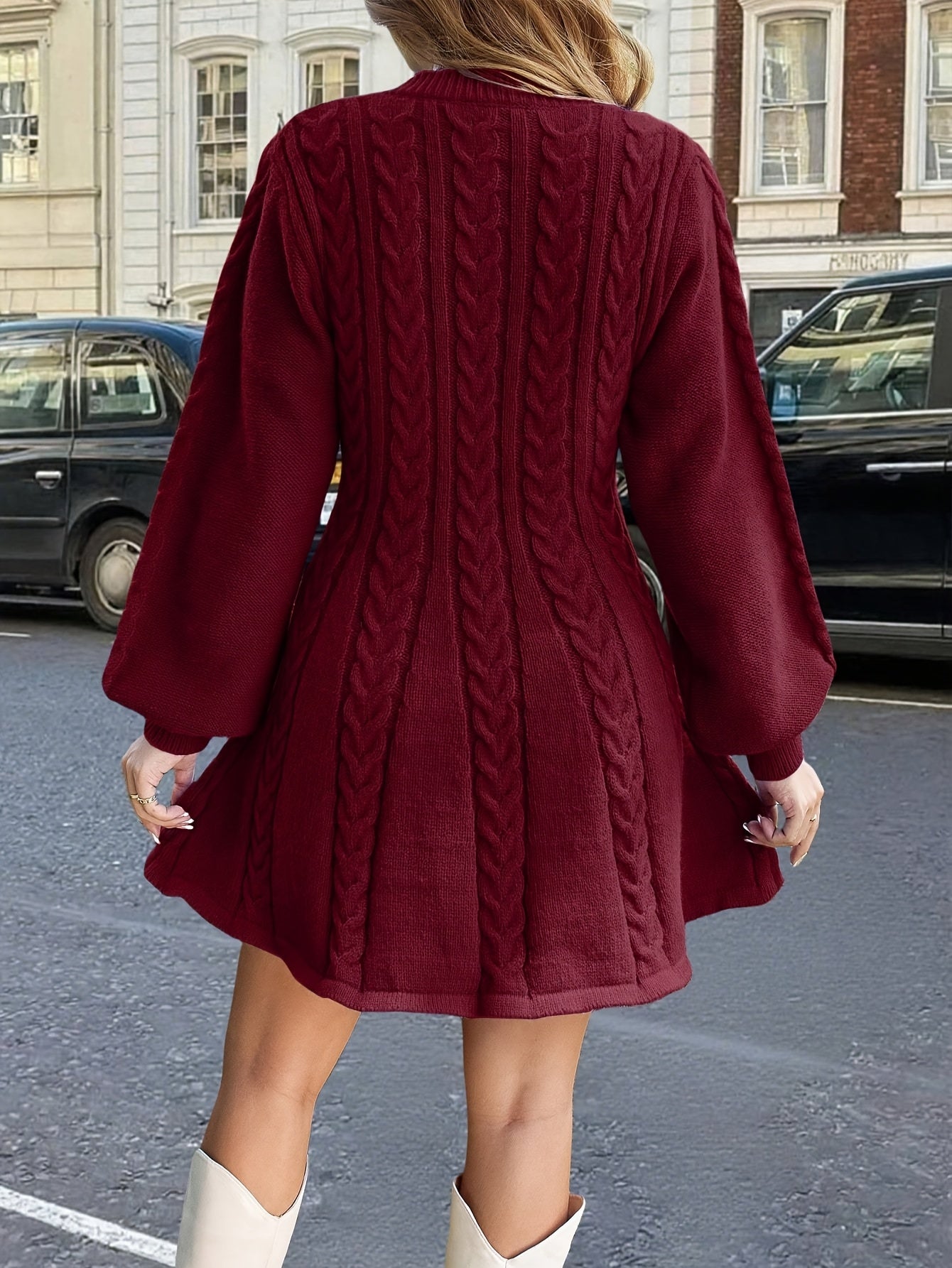 Women's Black Winter Sweater Dress – Jacket-Style V-Neck, Bell Sleeves, Short A-Line, Machine Washable