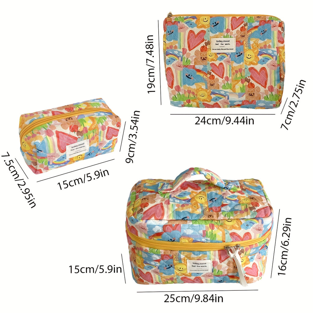 Cute Pastel Makeup Bag for Women - Faces, Hearts & Bears Cosmetic Pouch with Zipper, Lightweight Travel Toiletry Case