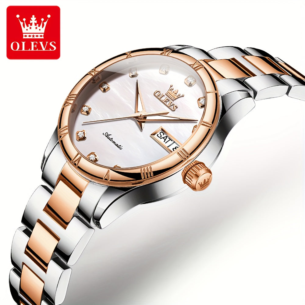 OLEVS Women's Stainless Steel Automatic Mechanical Watch - Vintage Analog Bracelet with Luminous Hands