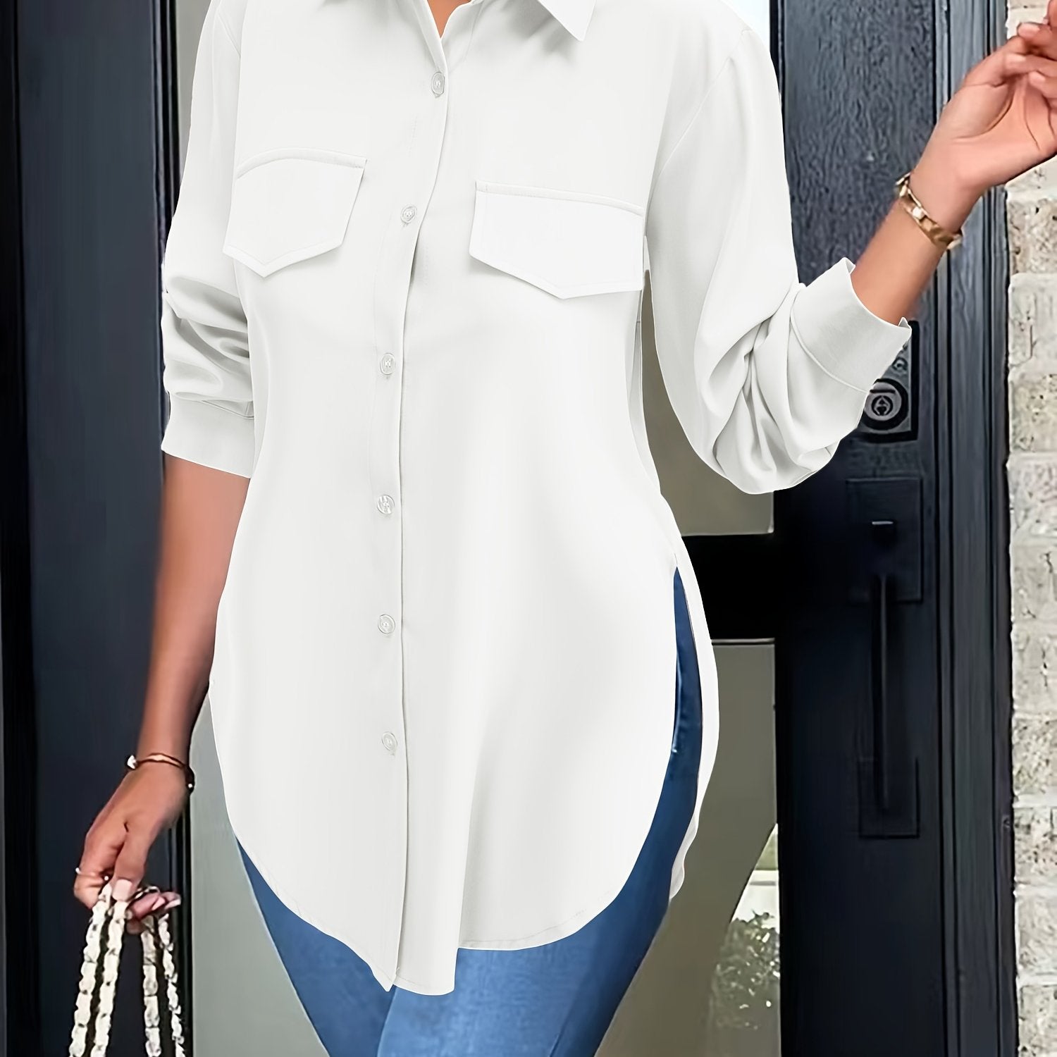 Women's Lapel Collar Button-Front Shirt — Solid Woven Blouse, Lightweight Semi-Sheer All-Season Casual Top