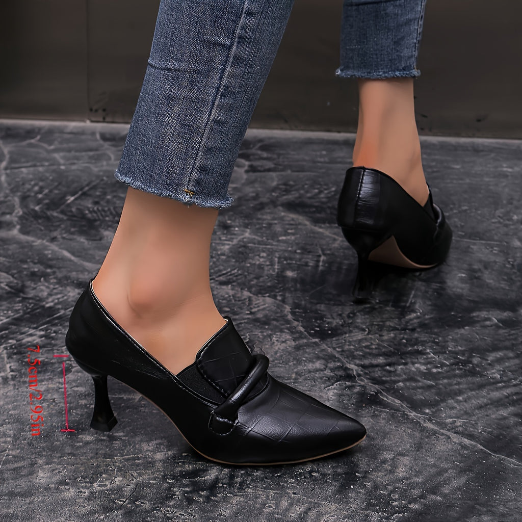 Women's Black Mary Jane Pointed-Toe Pumps, 8 cm (3.15 in) Mid Heel, Non-Slip PU Sole