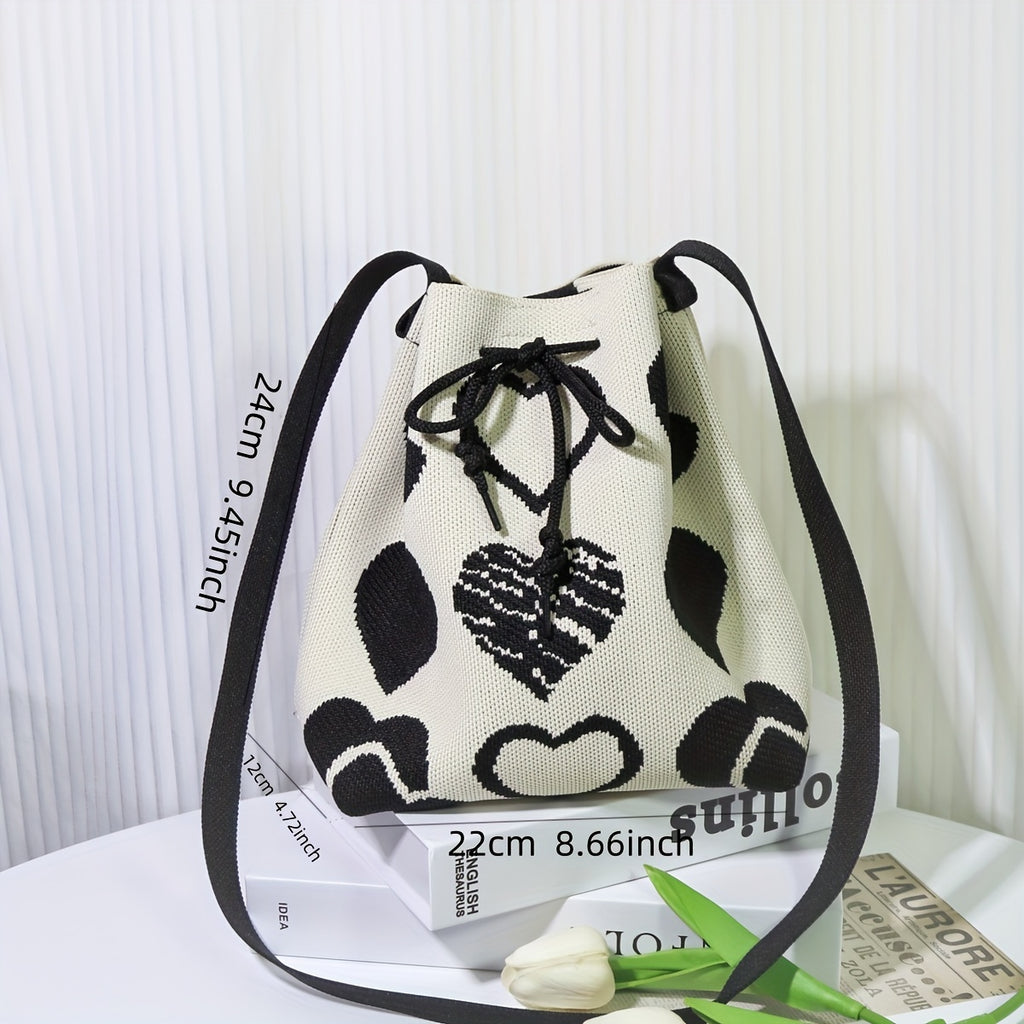 Mini Heart Pattern Bucket Bag - Drawstring Shoulder & Crossbody Handbag