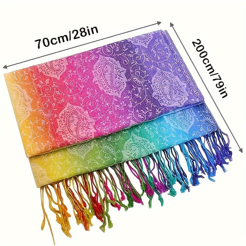 Bohemian Jacquard Paisley Scarf Rainbow Gradient Tassel Shawl - Warm Women's Wrap