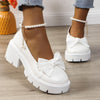 Women's Bow Accent Penny Loafers with Faux Pearl Ankle Strap, Chunky Heel Platform