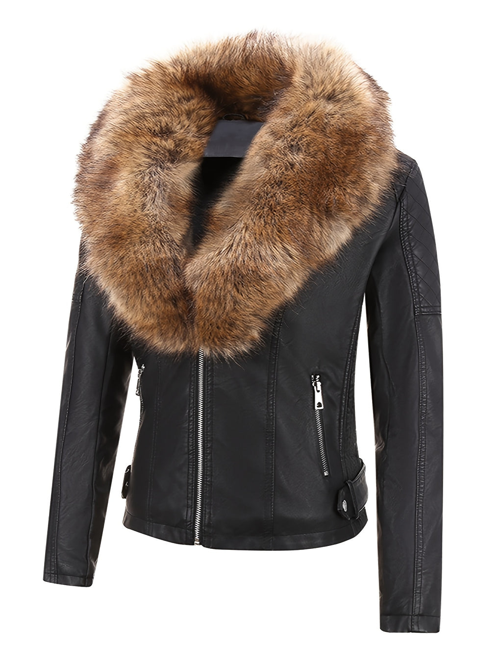 Women's Retro Faux Leather Motorcycle Jacket with Detachable Large Fur Collar - Fall/Winter