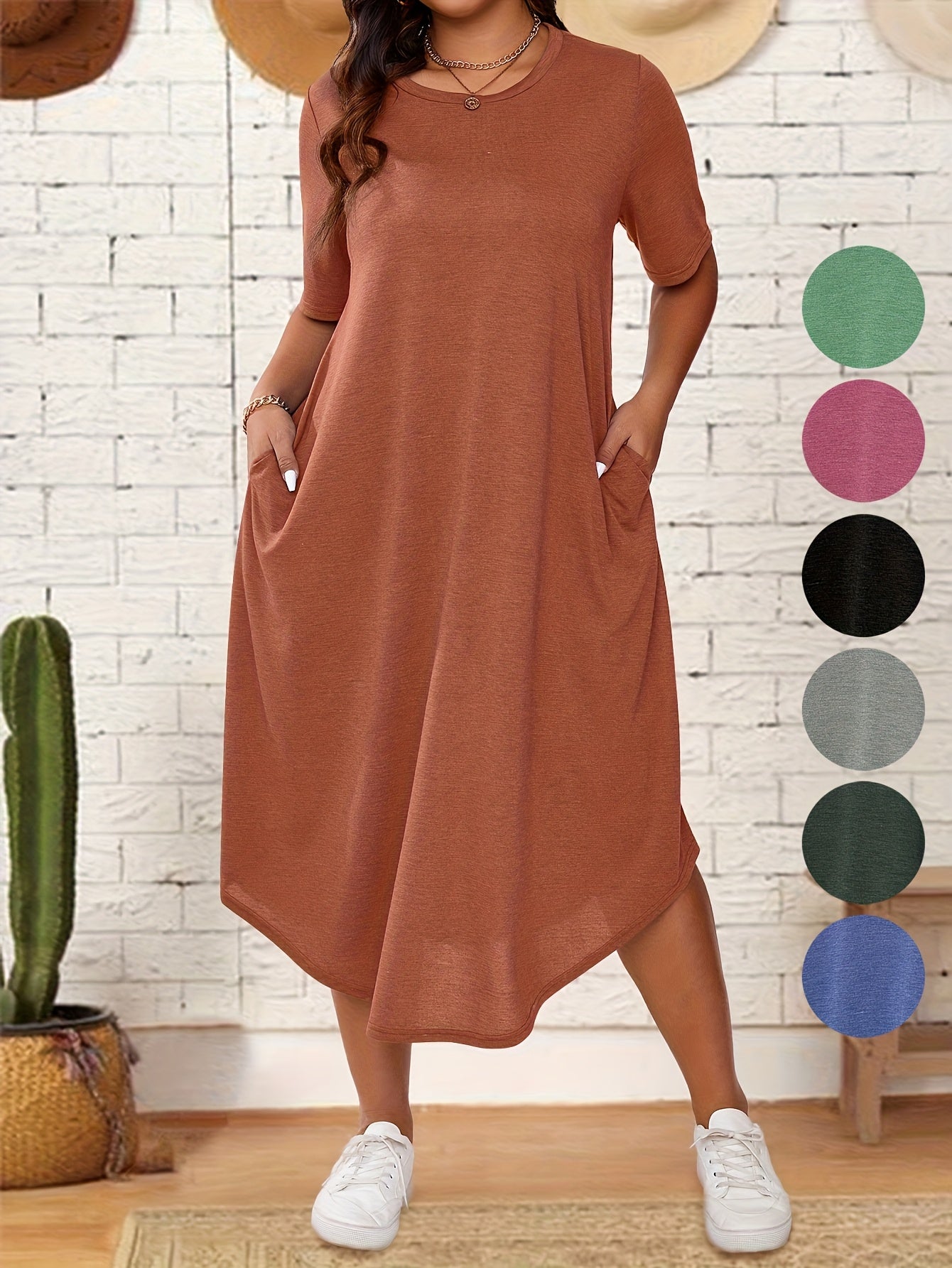 Plus Size Solid Crew Neck Tunic Dress - Casual Short Sleeve Summer Dress for Women