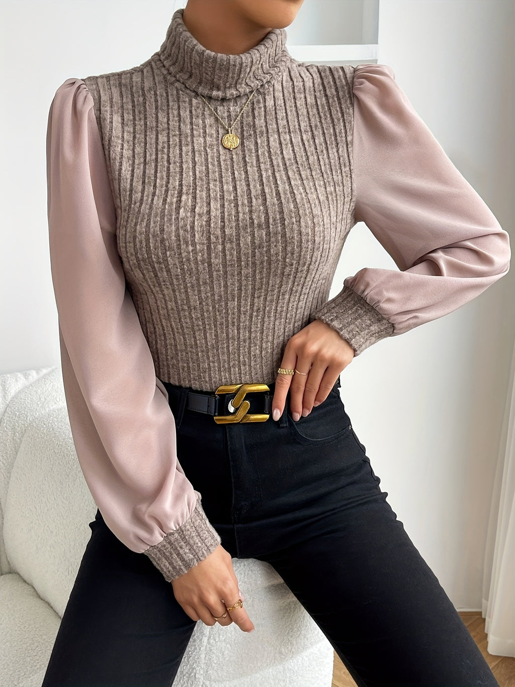 High-Neck Puff Sleeve Blouse for Women - Elegant Solid Color Top