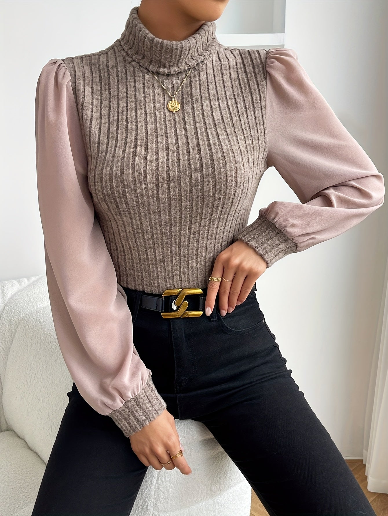 High-Neck Puff Sleeve Blouse for Women - Elegant Solid Color Top