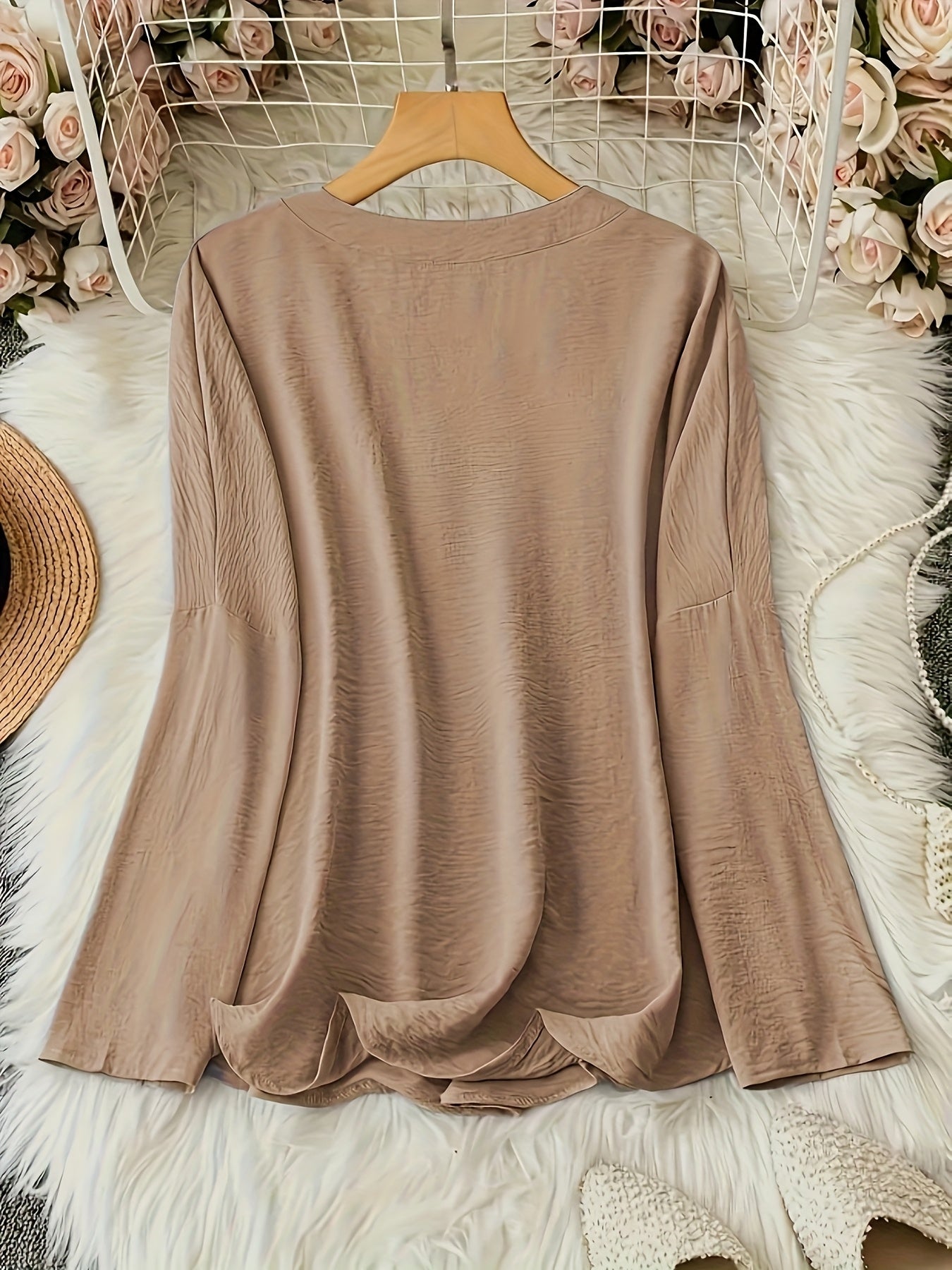 Women's Olive Green V-Neck Loose Fit Blouse - Long Sleeve Drop Shoulder Casual Polyester Top