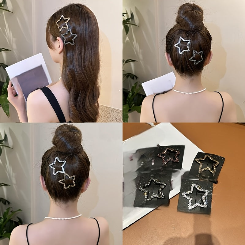 2-Pack Rhinestone Star Hair Clips - Five-Pointed BB Clips for Bangs & Side Hair, Elegant Minimalist Hairpins, Gift for Eid & Ramadan