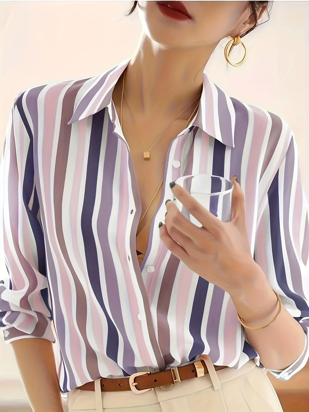 Women's Black & White Vertical Striped Button-Up Shirt — Lightweight Polyester Long Sleeve Collared Top