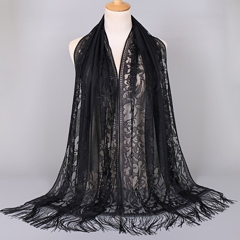 Floral Lace Tassel Scarf Shawl for Women - Bridal Mesh Fringe Wrap for Wedding & Evening