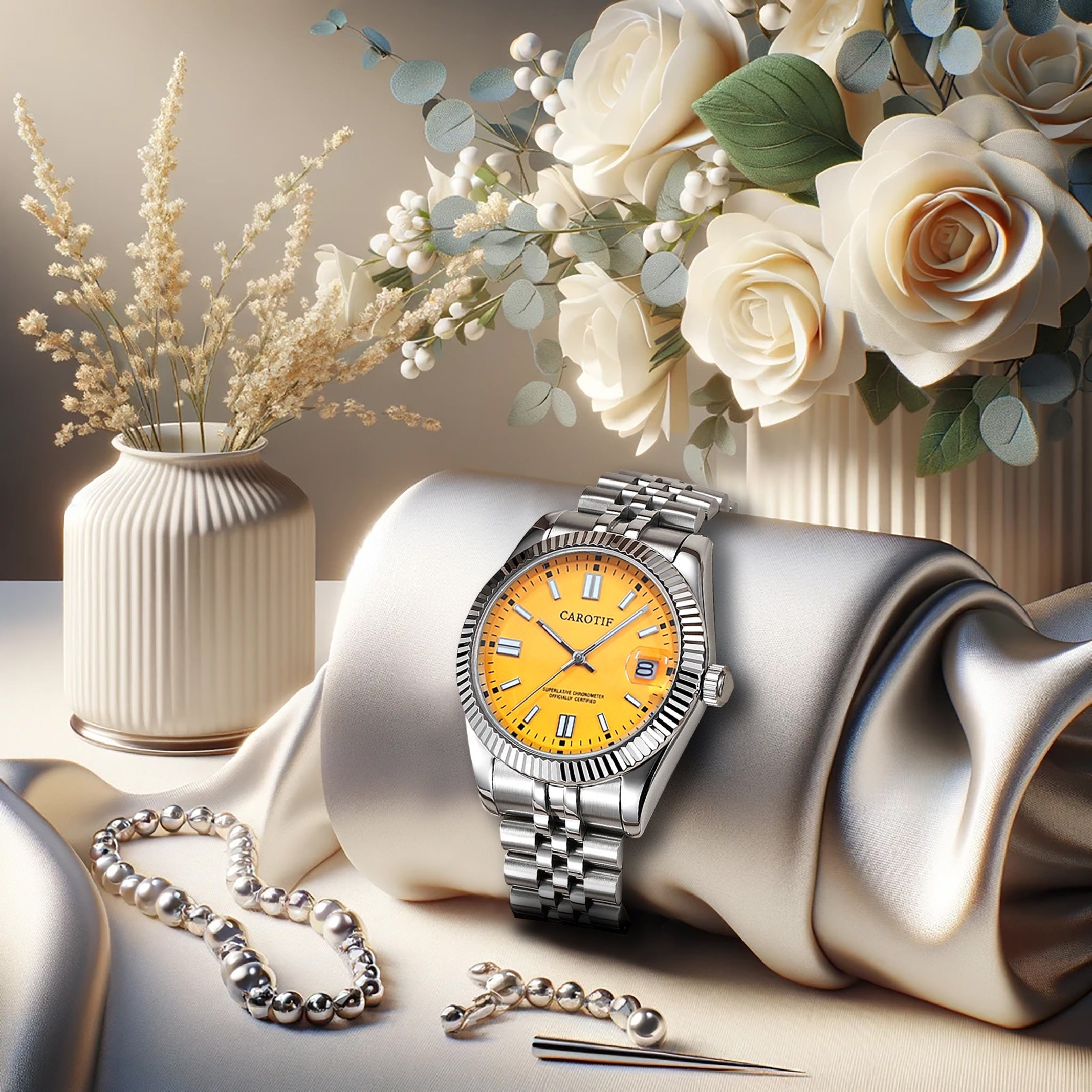 Women's Silver-Tone Automatic Mechanical Watch with Luminous Hands - Elegant Alloy Bracelet