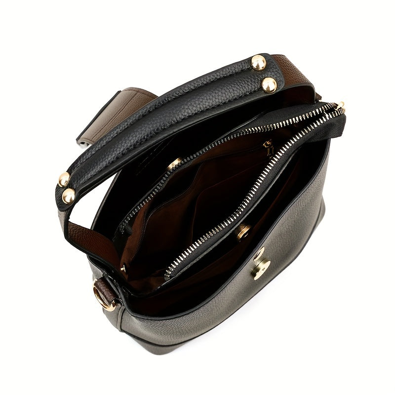 Elegant Solid Color Bucket Bag with Adjustable Shoulder Strap - Lightweight PU Handbag with Zipper Closure