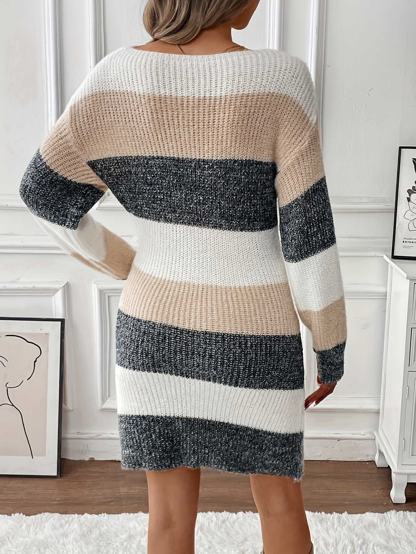 Color Block Fuzzy Knit Sweater Dress – Crew Neck Drop Shoulder Lantern Sleeves for Fall & Winter