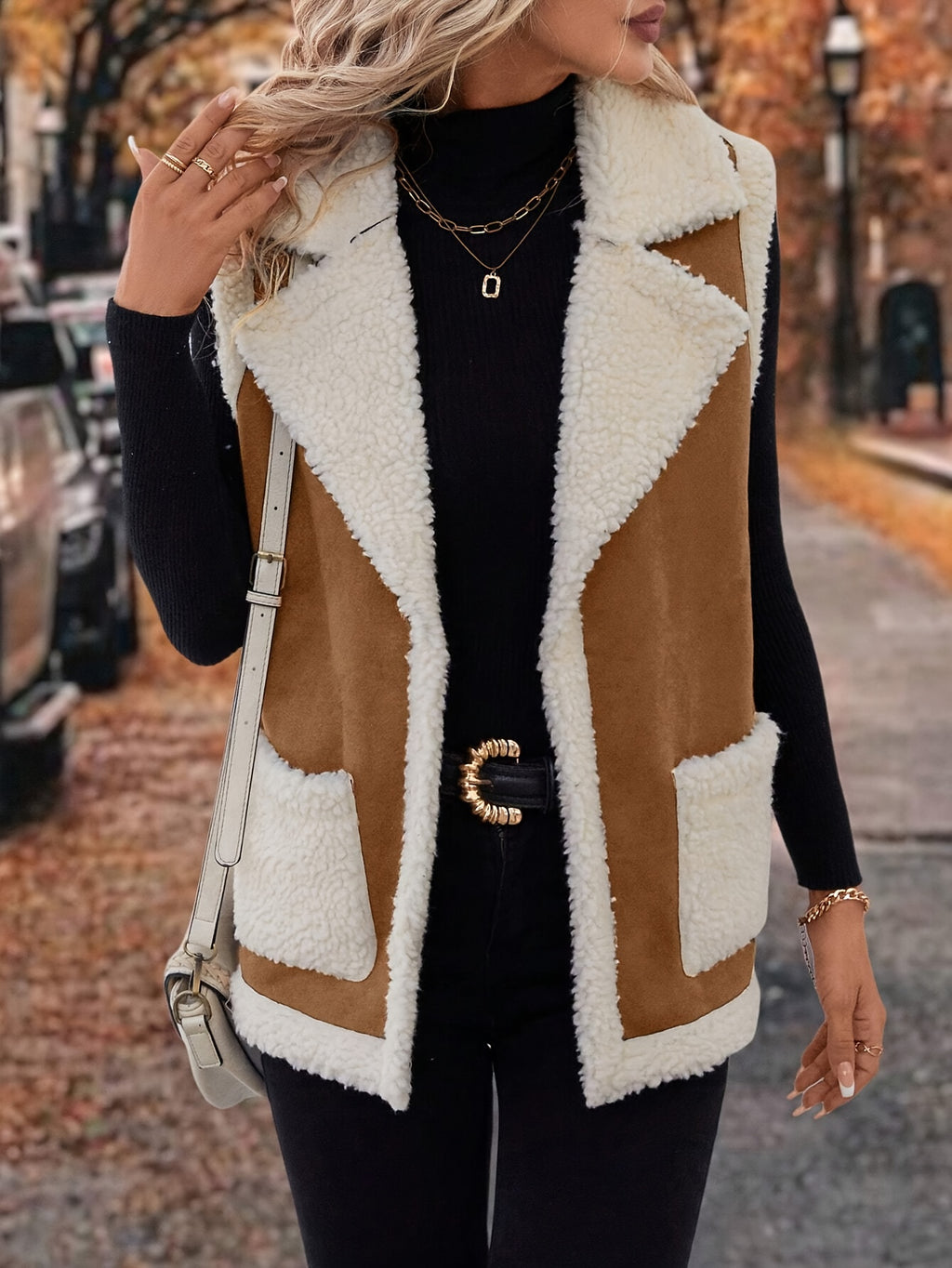 Women’s Faux Leather Mixed-Media Lapel Vest with Faux Fur Lining and Zip Pockets — Sleeveless Warm Fall Winter Vest