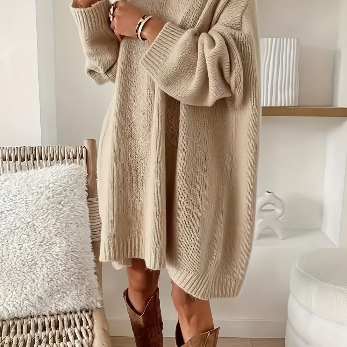 Plus Size Oversized Sweater Dress - Soft Beige Long Knit Pullover Coat, Crew Neck, Relaxed Fit, Machine Washable
