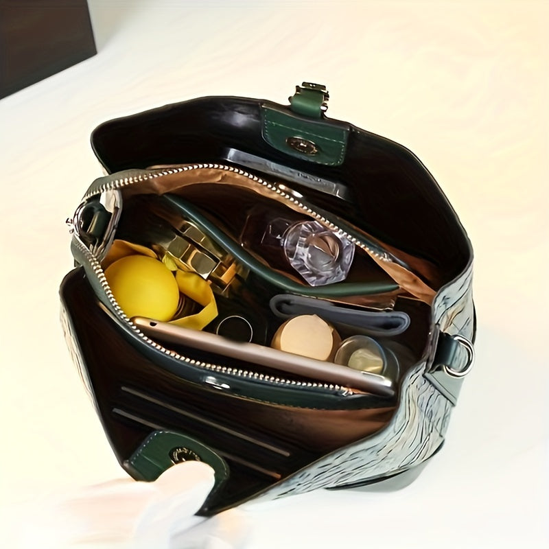 Vintage Floral Embroidered Bucket Bag – Coffee PU Crossbody with Detachable Strap & Zipper, Lightweight Large-Capacity Retro Handbag